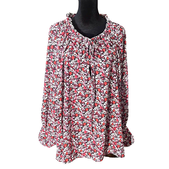 Women Plus 2X Blouse Sanctuary Georgette Red Floral Print Tie Neck Ruffle NWT - Picture 2 of 16